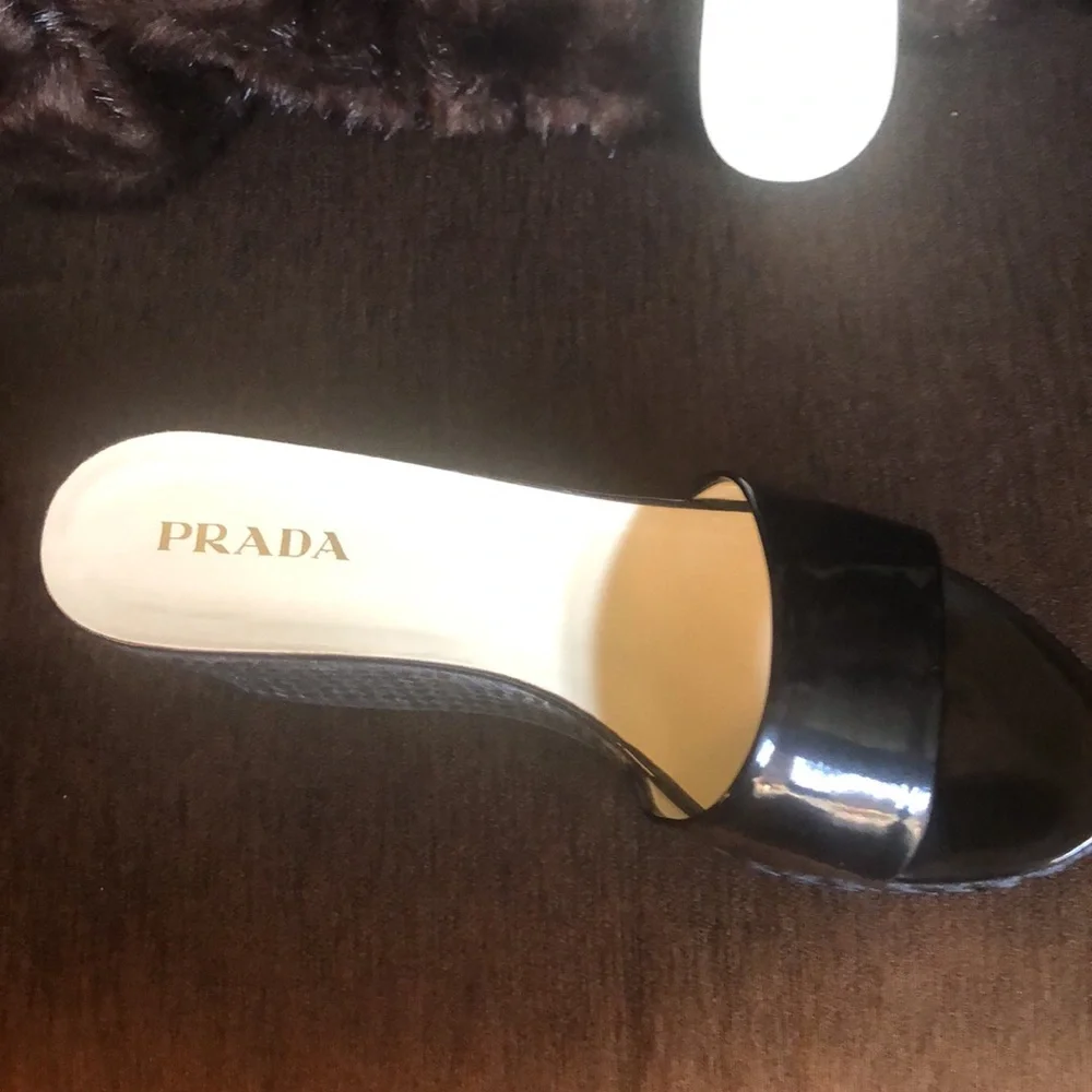Prada Black Patent Leather Platform Wedge Mules With Black Rattan Wedge - Picture 2 of 6